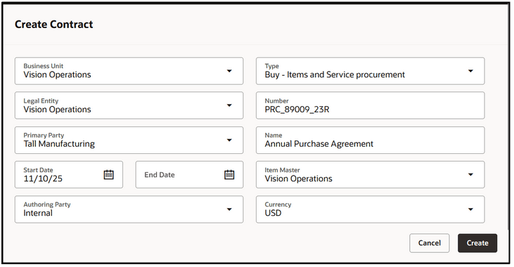 スクリーンショットは、Oracle Salesでの「契約の作成」ドロワーを示しています