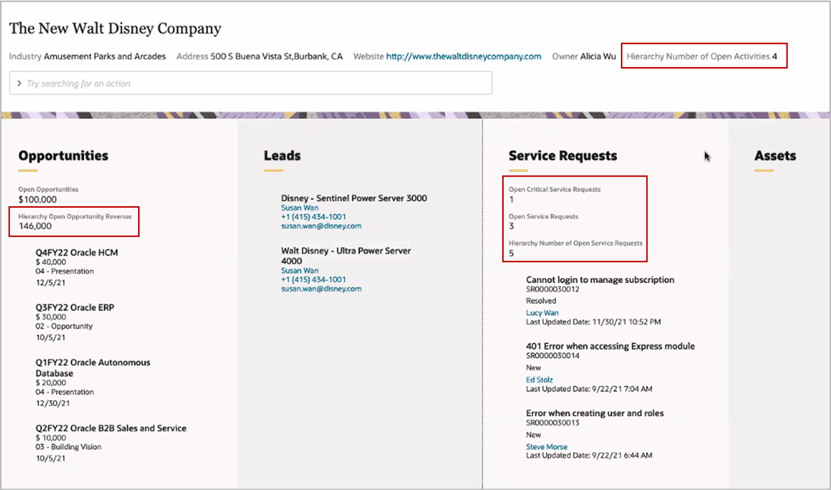 「商談」および「サービス・リクエスト」パネルにロールアップが表示されたアカウントのスクリーンショット。