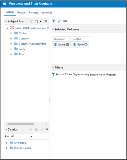 カタログ内のサンプル分析の「基準」タブ。 選択したカラムには、顧客名と担当者名が含まれます。 フィルタは「勘定科目タイプ」です - 組織が見込み客と等しい/見込み客内にある 