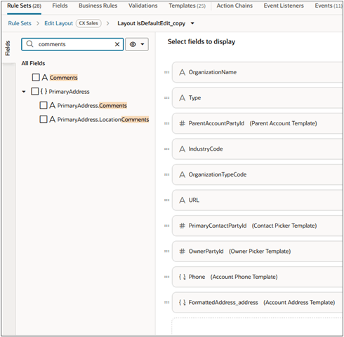 ページに表示するフィールドを選択するフィールド・ページ