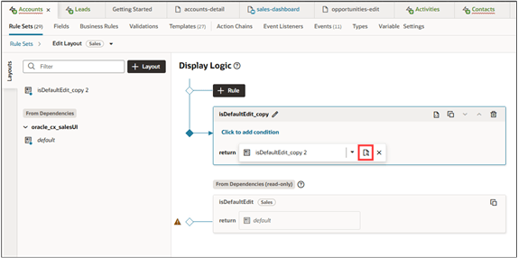 レイアウト・コピーの「開く」ボタンが強調表示された「表示ロジック」タブ