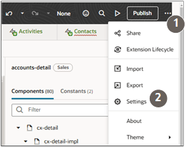メニューのロケーションと「設定」の選択を示すスクリーンショット。