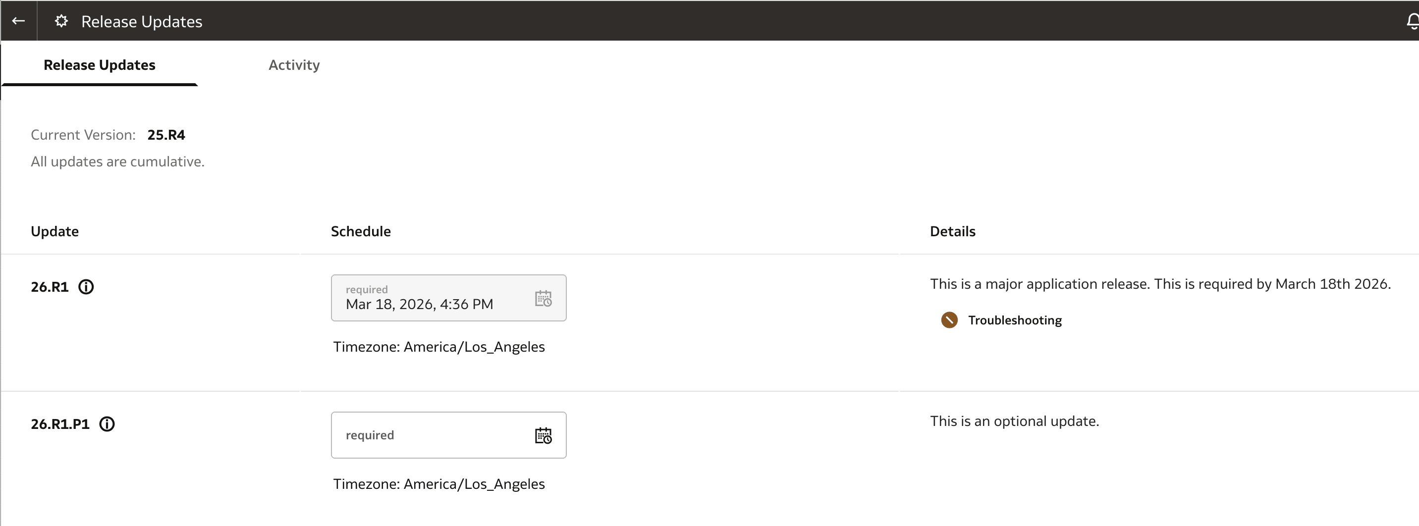 リリース「更新」ページの「トラブルシューティング」アイコン