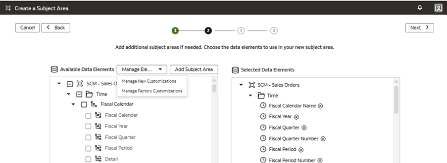 「要素の管理」値リストが表示された「サブジェクト領域の作成」ページのウィザードのステップ2
