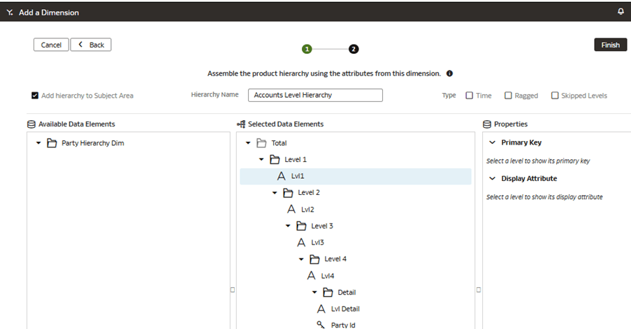 階層の組み立て方法が表示された「ディメンションの追加」ページのウィザードのステップ2