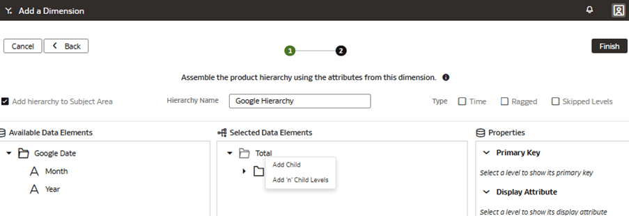 入力した階層名が表示された「ディメンションの追加」ページのウィザードのステップ2