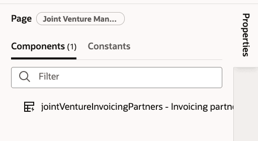 この画像は、「コンポーネント」タブが開いた「プロパティ」ペインを示しており、「invoicing-partners」ページのコンポーネントを示しています。