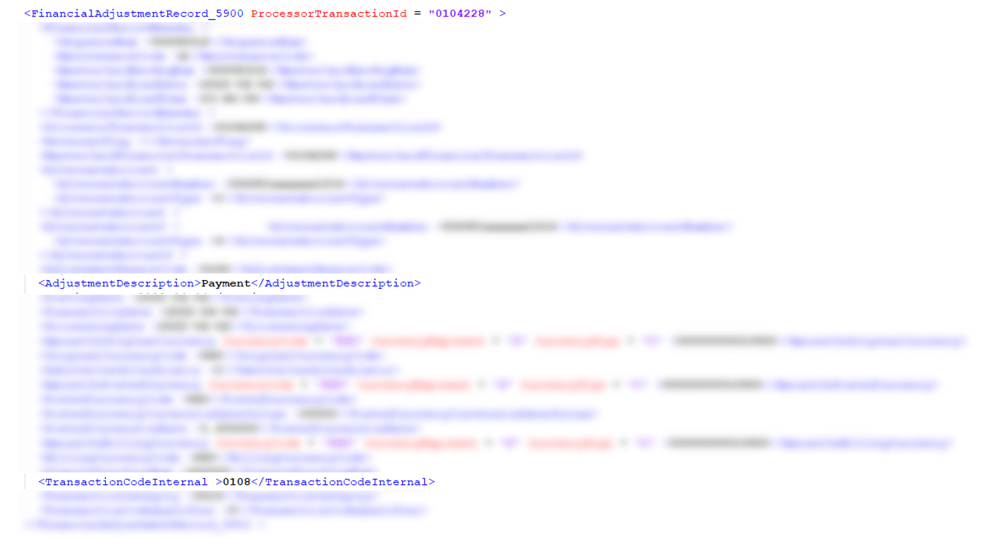 この図は、修正摘要にPaymentという単語が含まれ、トランザクション・タイプが0108である<FinancialAdjustmentRecord_5900>レコードの例を示しています。
