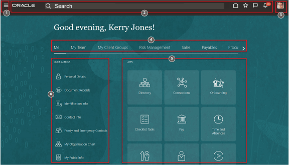 ナビゲータ、「設定およびアクション」メニュー、タブ、「アプリケーション」セクションの作業領域アイコン、「クイック処理」セクションなど、様々なUI要素が表示されているホーム・ページのニュース・フィード・レイアウト。