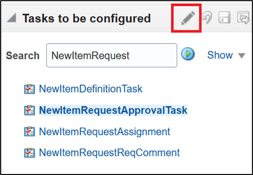 新規品目リクエストの承認の「タスクの編集」アイコン
