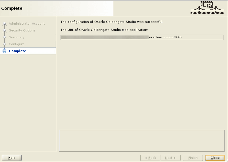 GoldenGate Studio Configuration Assistantウィザードは、リスニング・ポートを正常に構成し、GoldenGate Studio Webインタフェースへのアクセスに必要なWeb URLを表示します。URLの形式はhttps://hostname:portです。