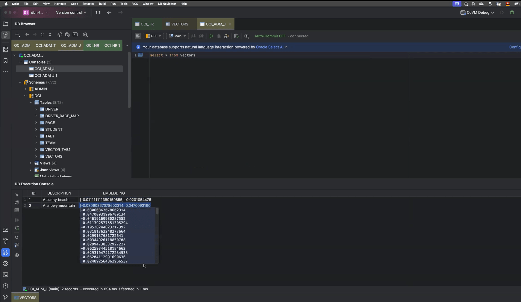 ベクトル・データ型を使用したSQL問合せの結果