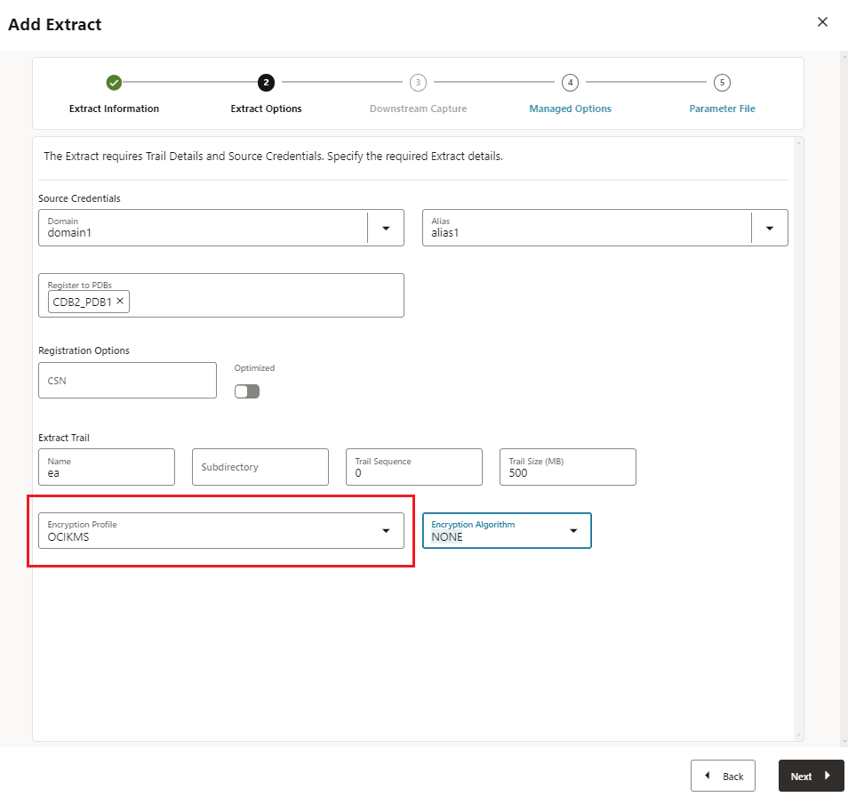ExtractまたはReplicatプロセスの作成時に、OCI KMS構成を備えた暗号化プロファイルを選択します。 ExtractまたはReplicatプロセスの作成時に、OCI KMS構成を備えた暗号化プロファイルを選択します。
