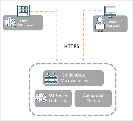 Oracle GoldenGateサービスは、サーバー証明書を使用して認証されます。クライアントは、信頼できる外部rootCAによって検証されたクライアント証明書または資格証明別名を使用して認証されます。