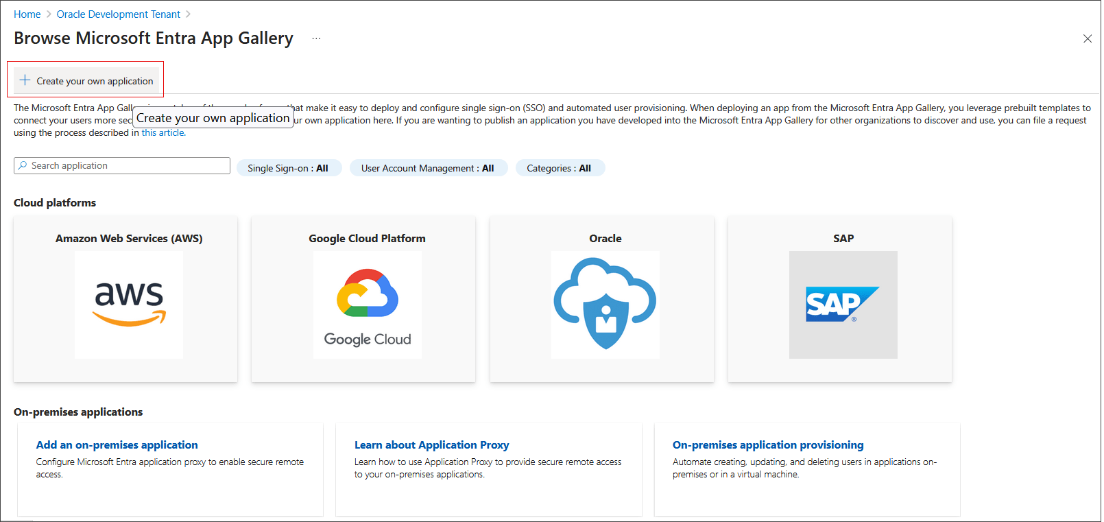 左側のナビゲーション・ペインのEntraIDの「Overview」メニューで「Create your own application」を選択します。