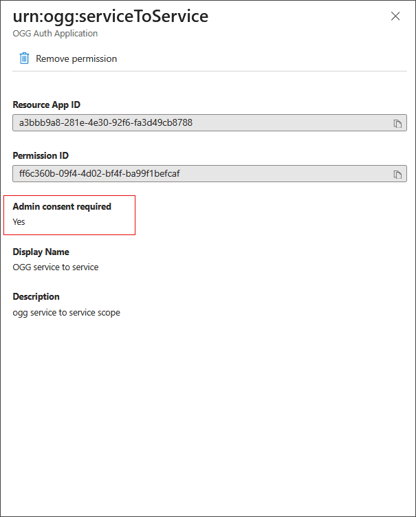 「urg:ogg:serviceToService」で、「Admin consent required」が「Yes」に設定されています。