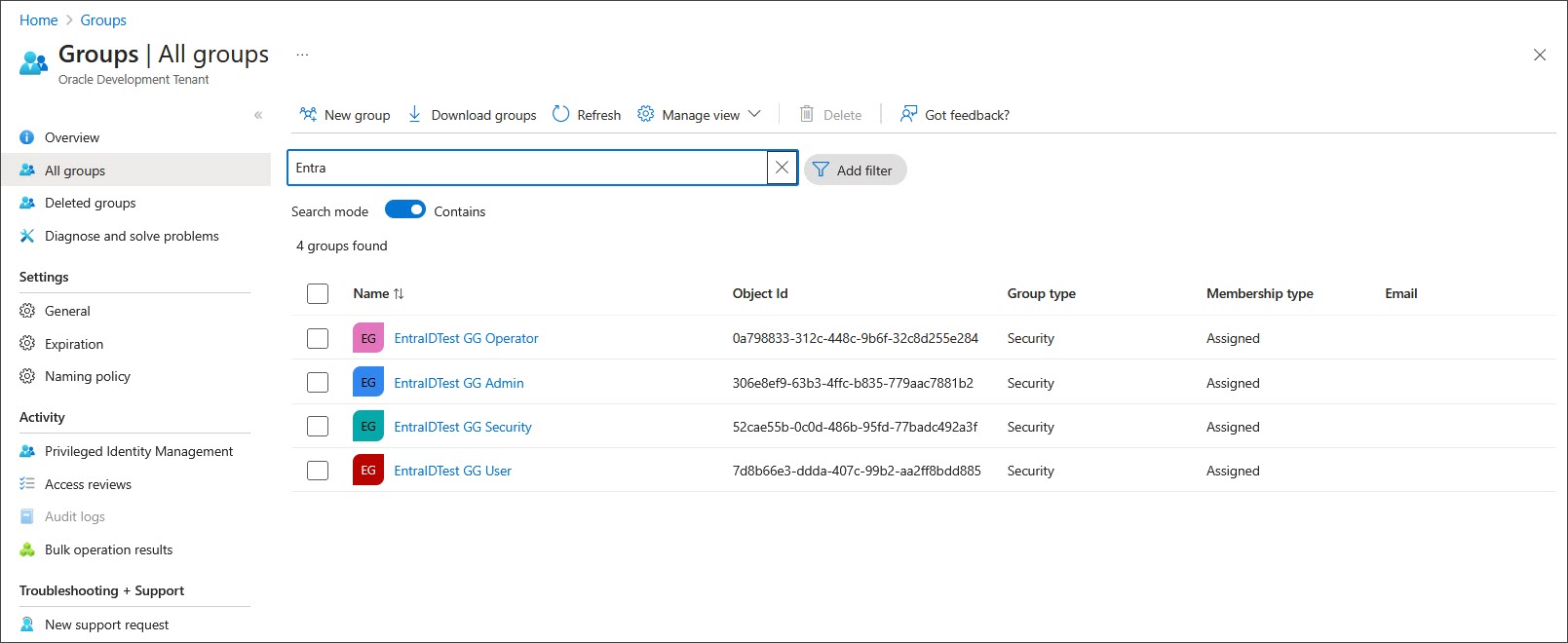 Microsoft EntraIDで、Oracle GoldenGateユーザー・ロールにマップするグループを作成します。
