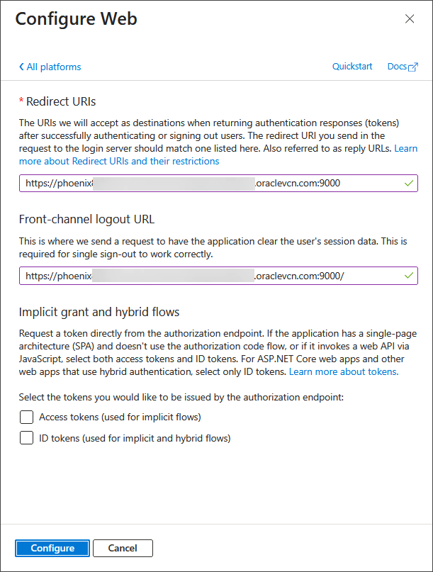 サービス・マネージャおよびMicroservicesのリダイレクトURIを入力します。