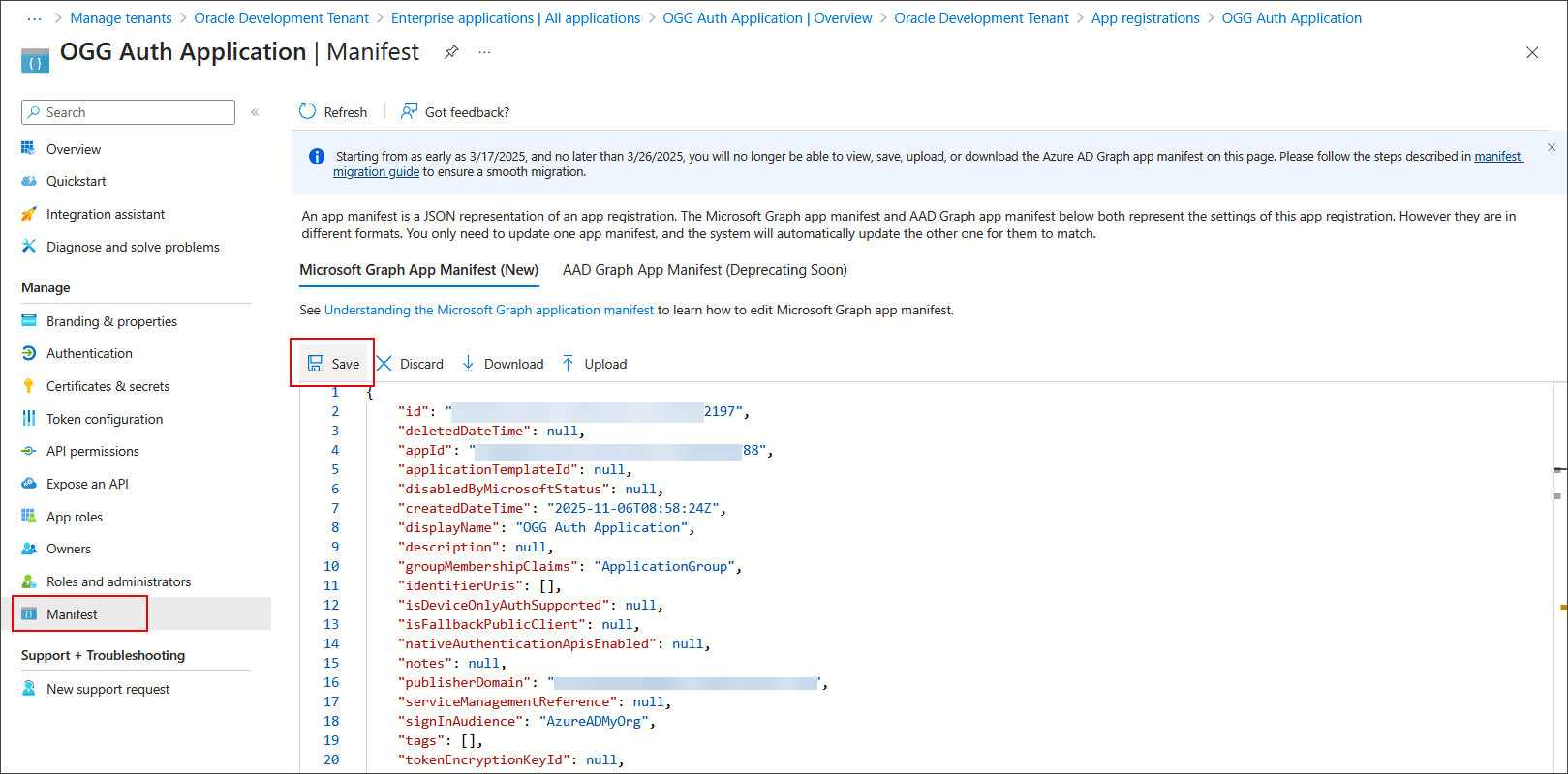 JSONプロパティを手動で更新した後、マニフェストを保存します。
