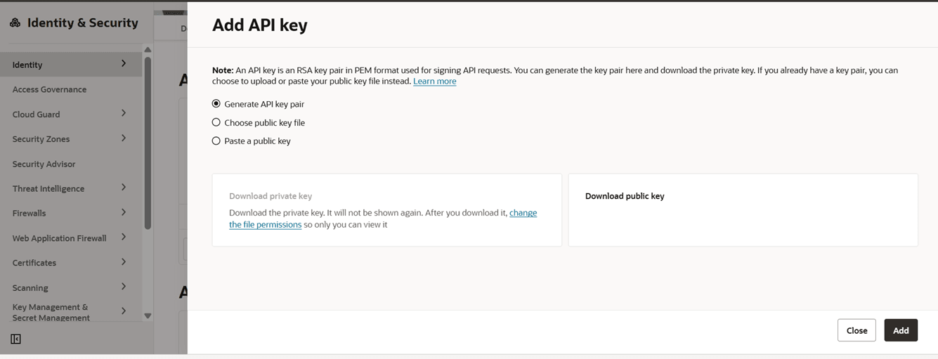 OCI KMSキーへのアクセスを許可するOCIユーザーのAPIキーを作成します。 OCI KMSキーへのアクセスを許可するOCIユーザーのAPIキーを作成します。