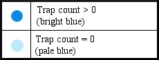 Legend showing bright blue for trap count greater than 0 and pale blue for trap count equal to 0.