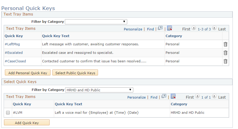 Private Quick Keys page (selecting public quick key)