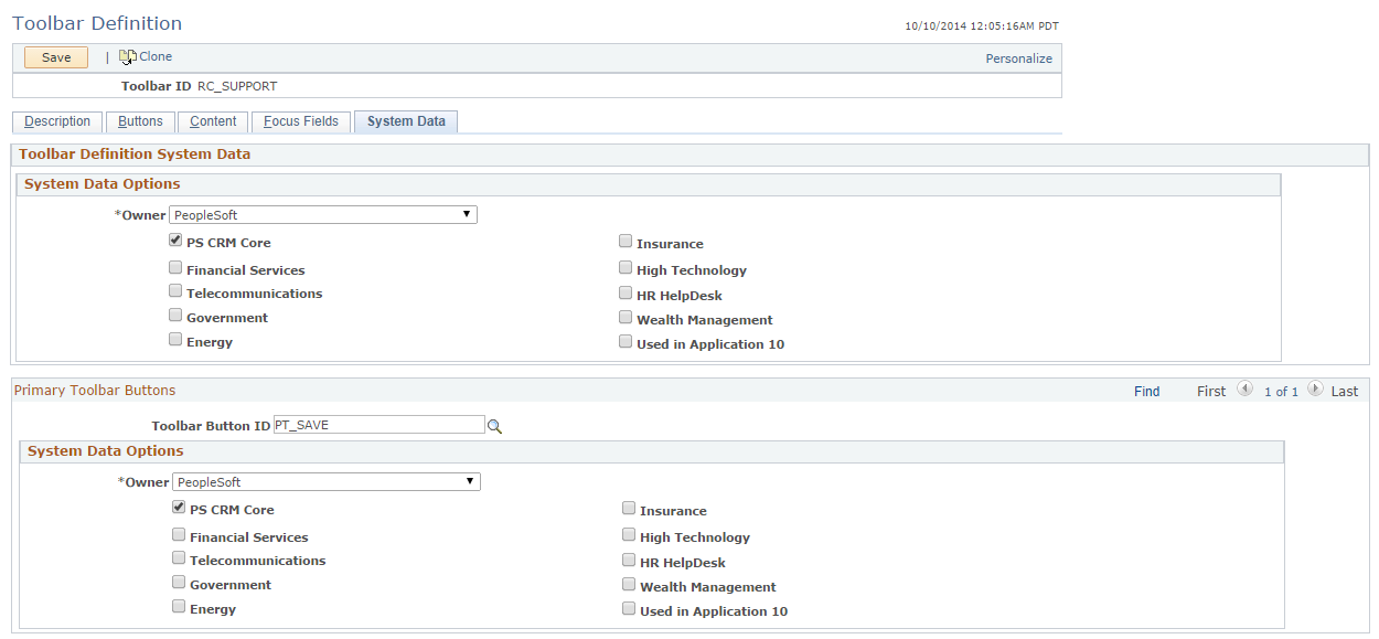 Toolbar Definition - System Data page (1 of 2)