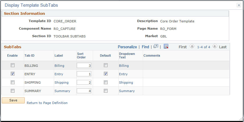 Display Template - Page SubTab Definition page