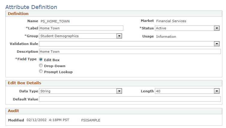 Attribute Definition page