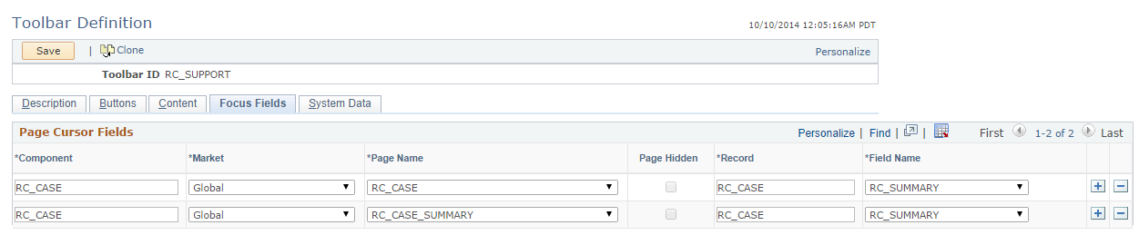 Toolbar Definition - Focus Fields page