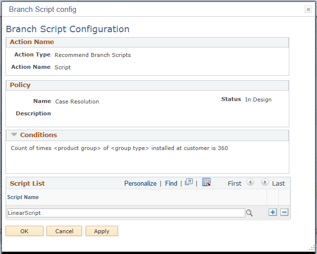 Branch Script Configuration page