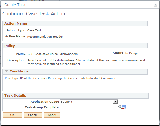 Configure Case Task Action page