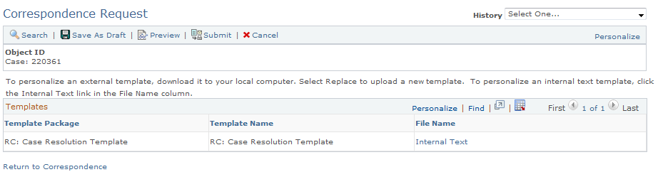 Correspondence Request - Personalize Templates page