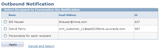 Outbound Notification - Select Recipient to Personalize the Notification page