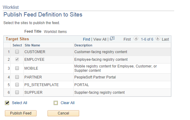 My Worklist - Publish Feed Definition to Sites page