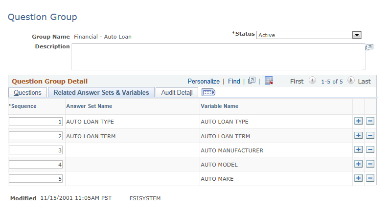 Question Group page: Related Answer Sets & Variables tab