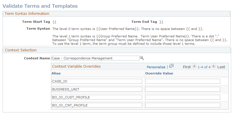 Validate Terms and Templates page (1 of 2)