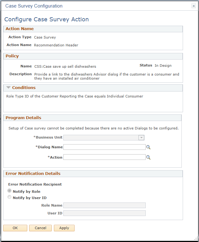 Configure Case Survey Action page