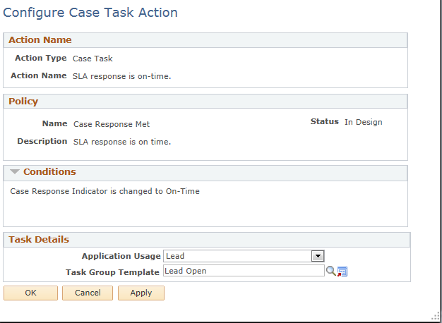 Configure Sales Task Action page