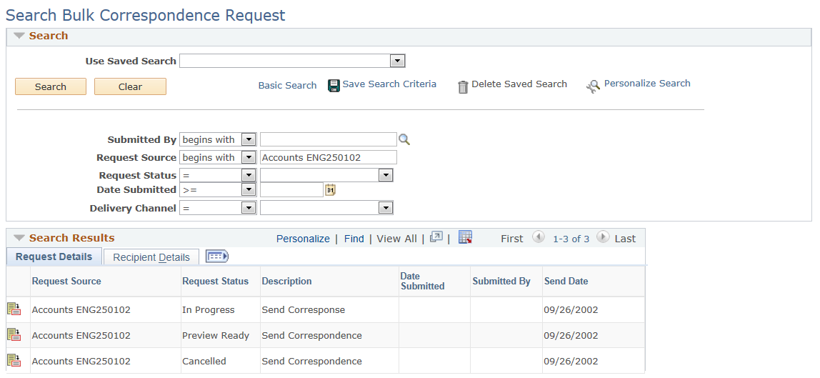 Search Bulk Correspondence Request page