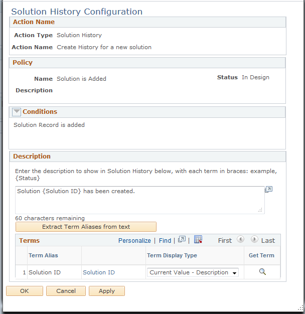 Solution History Configuration page