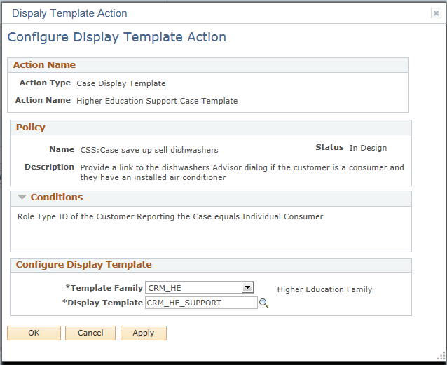 Configure Display Template Action page