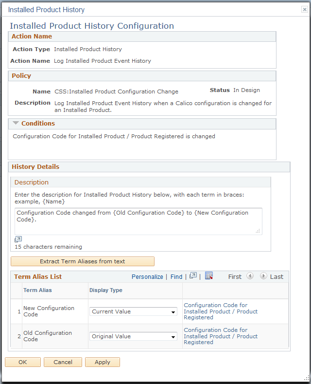 Installed Product History Configuration page