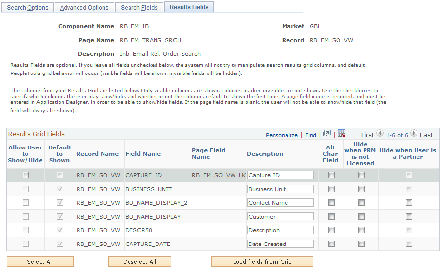 Results Fields page