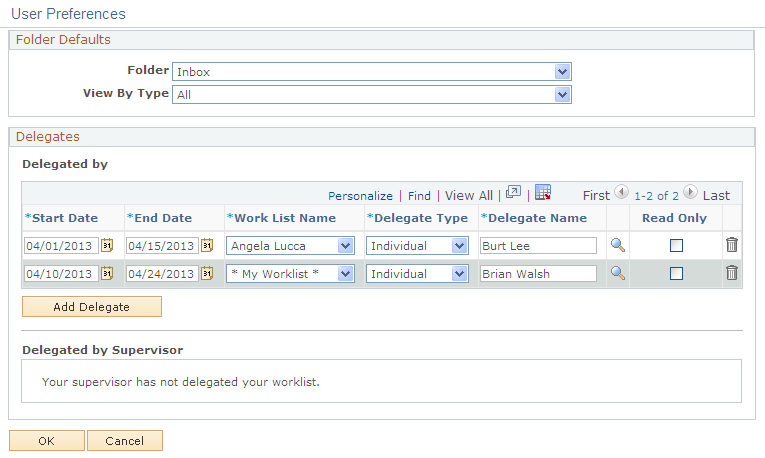 User Preferences page for the CRM Worklist