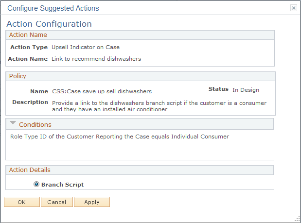 Action Configuration page