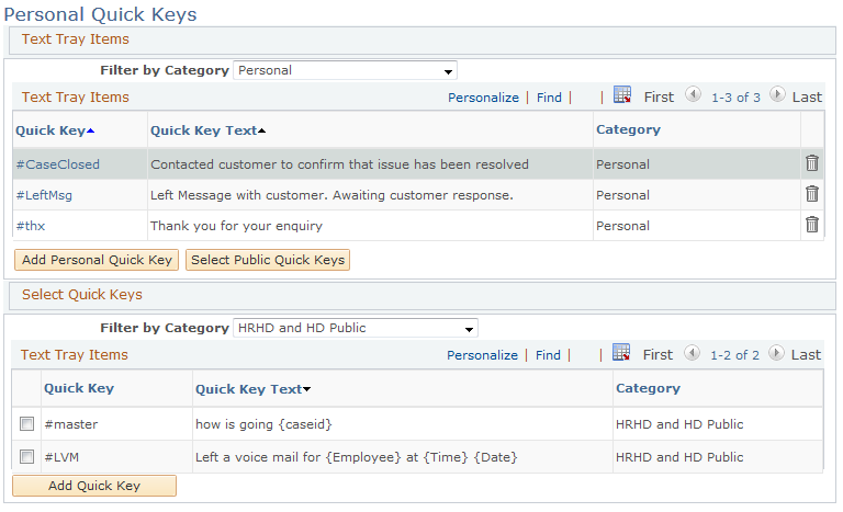 Personal Quick Keys page (adding personal quick key)