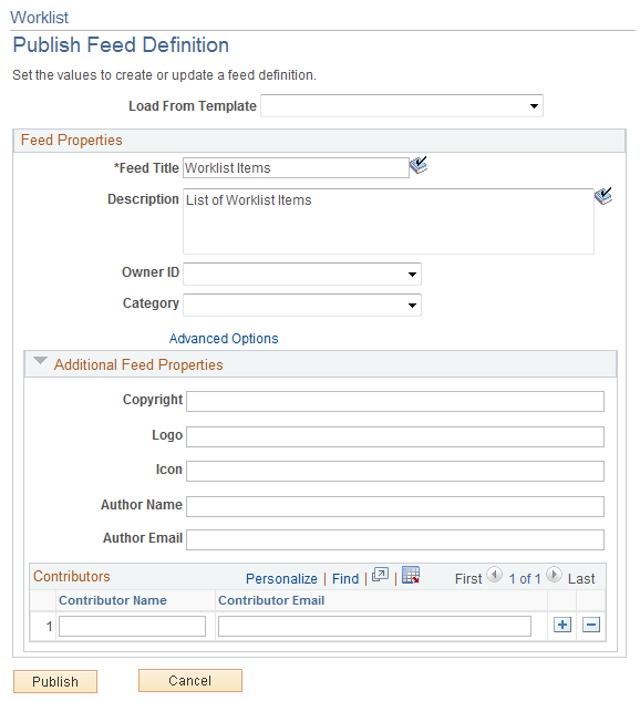 My Worklist - Publsih Feed Definition page