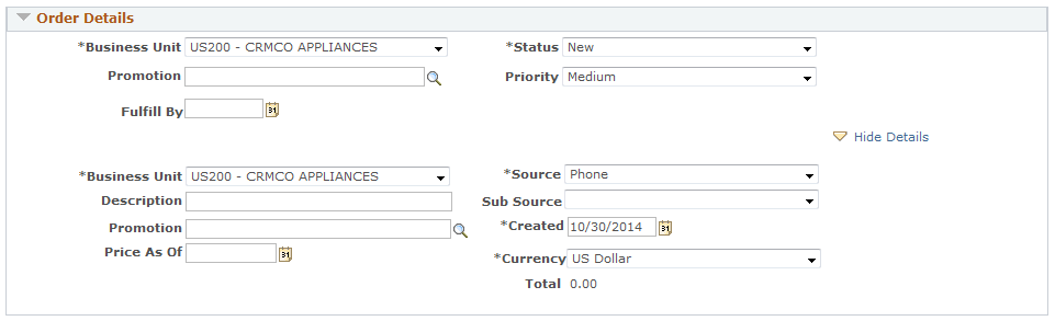 Example of an expandable section (Order Details) in the Order - Entry Form page (RO_FORM)