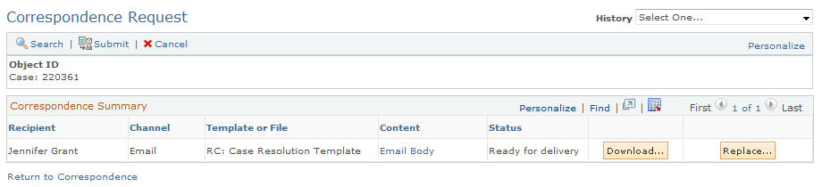 Correspondence Request - Correspondence Summary page